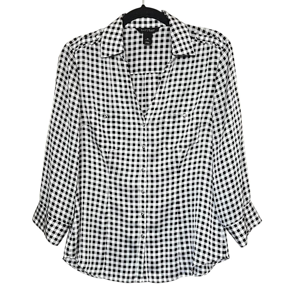 White House Black Market Shirt Womens 10 Gingham Plaid Button Up Roll Tab Casual